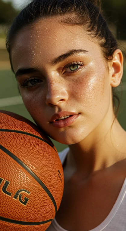 A close-up portrait of a young woman on an outdoor basketball court, bathed in warm natural sunlight. She has dewy, glow