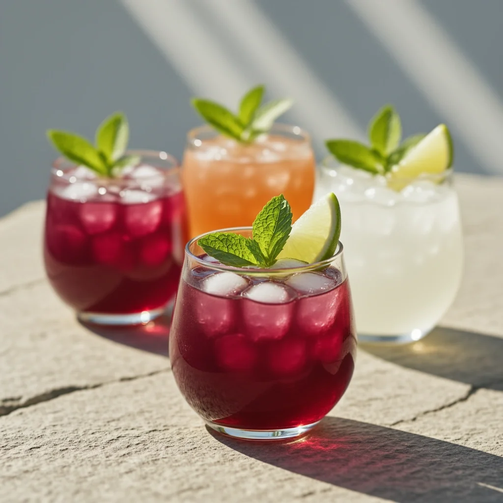 Three refreshing mojito-style cocktails arranged in a shallow depth-of-field composition on a sunlit stone surface. The