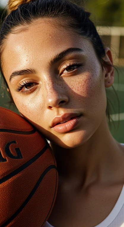A close-up portrait of a young woman on an outdoor basketball court, bathed in warm natural sunlight. She has dewy, glow