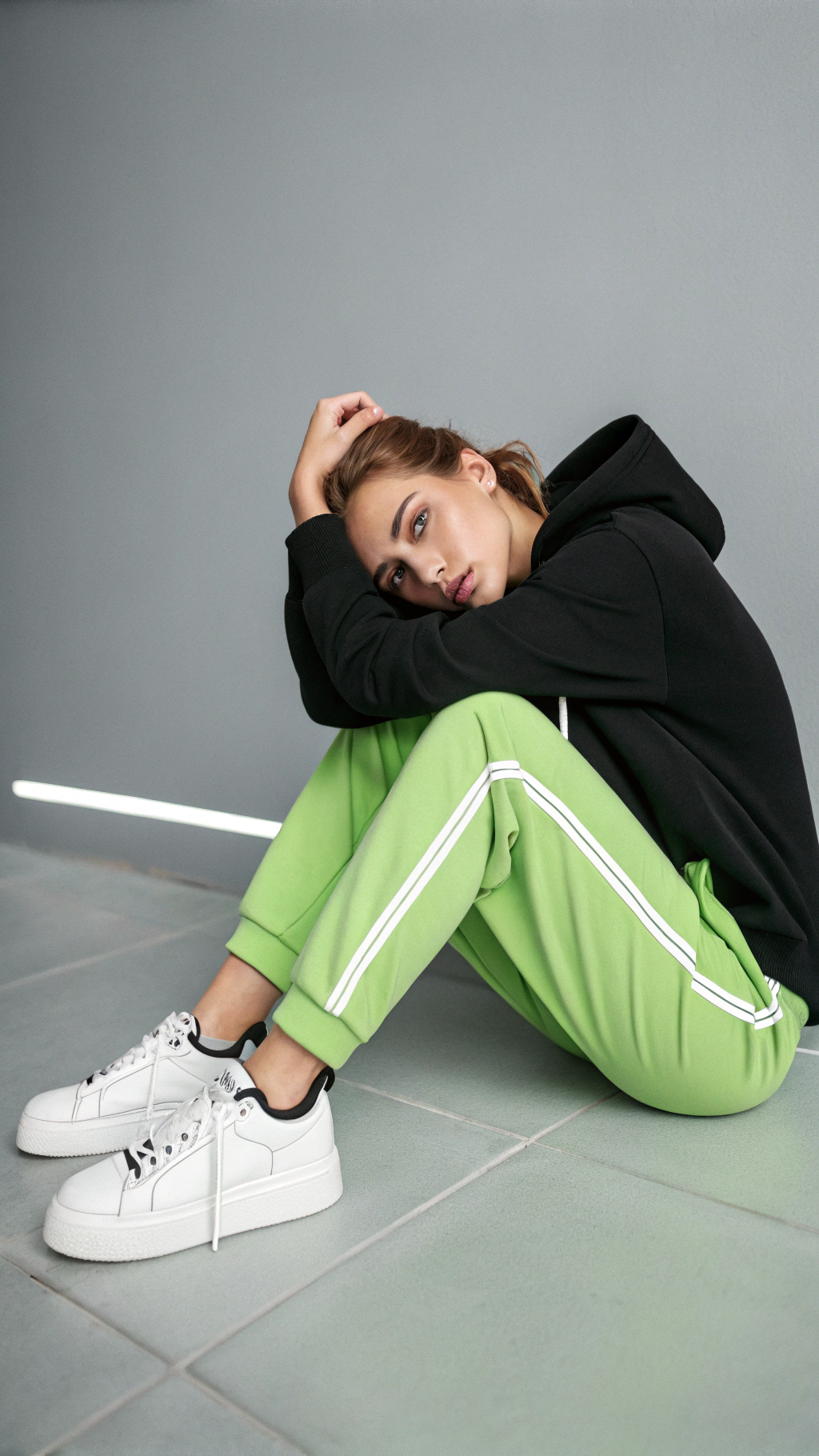 a young woman sitting on the floor in a relaxed, introspective pose. She is wearing a black hoodie, bright green jogger pants with white detailing, and chunky white sneakers. Her hair is sleekly pulled back into a low style, emphasizing her face. She rests her arms on her knees while leaning slightly forward, looking directly at the camera with a calm, thoughtful expression. The background is a simple, gradient gray, giving the portrait a clean and minimalistic aesthetic. The overall vibe is modern, sporty, and stylish.