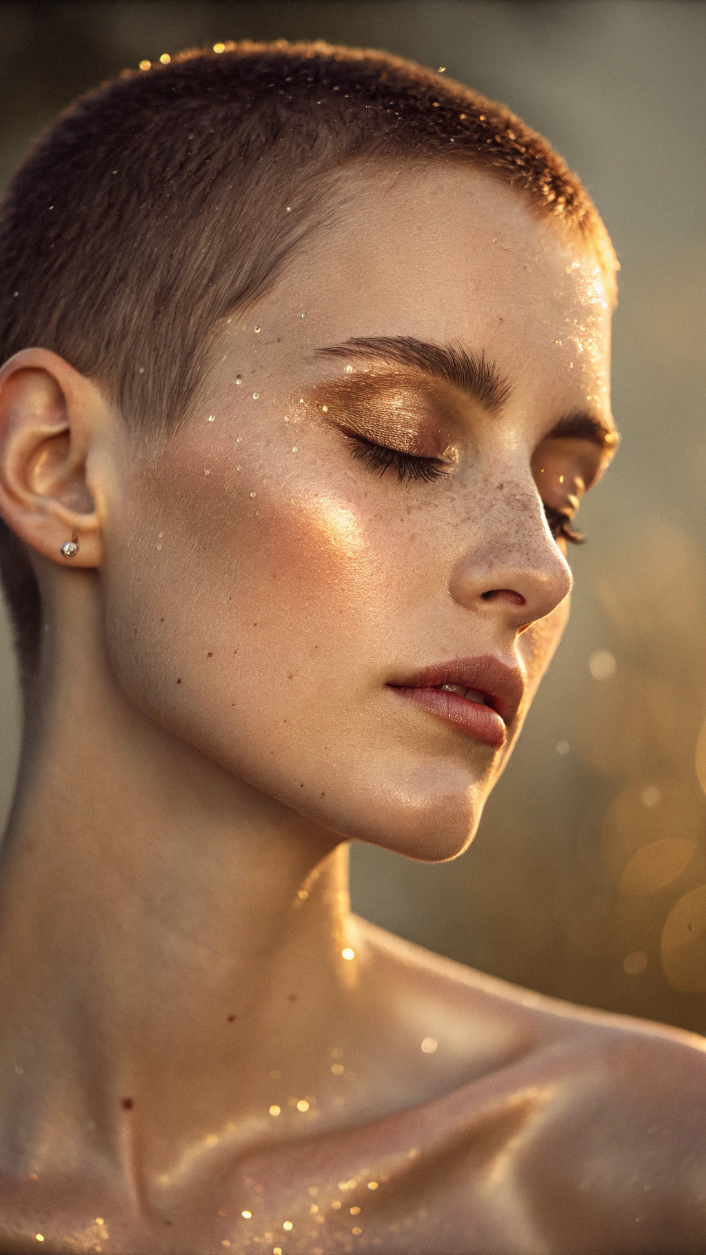 This image portrays a dreamlike, artistic portrait of a person with short hair and dewy, glowing skin, captured in a soft-focus, experimental style. The subject’s eyes are closed with shimmering highlights on the eyelids, creating a sense of serenity and introspection.
The photo uses a blurred, motion-like double exposure effect, making it appear as if the face is shifting or layered with a ghostly reflection to the side. Warm, golden lighting emphasizes the skin texture and glossy makeup, while the dark background enhances the surreal and ethereal atmosphere.
The overall mood feels mystical, intimate, and avant-garde, blending elements of fashion editorial photography and abstract art. It evokes themes of dream states, altered perception, and emotional depth.