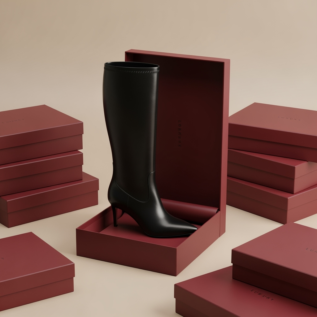 a sleek, black leather knee-high boot displayed in an open burgundy shoebox. Surrounding it are multiple stacks of identical burgundy boxes, all neatly arranged on a beige background. The boxes are elegant and minimal in design, suggesting a high-end or luxury fashion presentation.

The lighting is soft and even, emphasizing the smooth texture and subtle shine of the leather boot, while casting gentle shadows that enhance the composition’s depth. The overall aesthetic is clean, modern, and sophisticated — evoking the feel of a premium product photoshoot or designer brand campaign focused on craftsmanship and style.