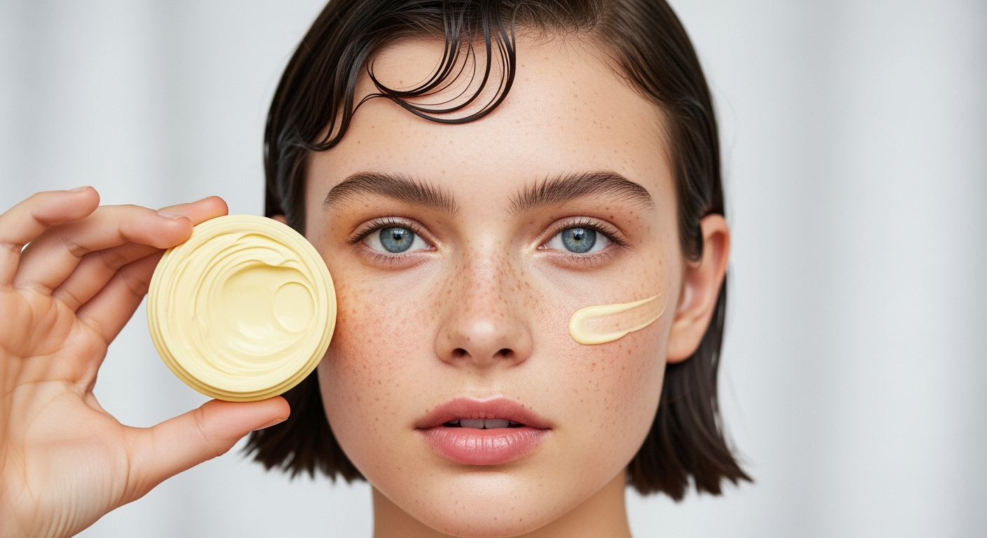 a close-up portrait of a young woman with fair skin, light blue eyes, and dark brown hair styled in a short, wet-look bob. Her face is natural and glowing, with visible freckles across her cheeks and nose. She is holding a round, pale yellow container—sunscreen cream —near her face, suggesting the image may be part of a skincare or beauty campaign. The background is bright and neutral, highlighting her fresh, radiant complexion. The overall mood is clean, natural, and minimalistic, emphasizing healthy skin.