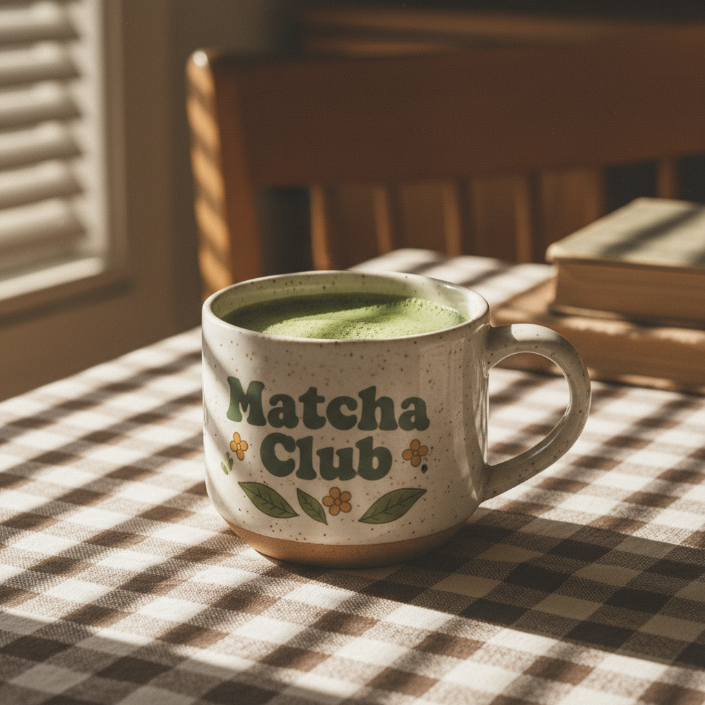 A cozy ceramic mug of frothy green matcha tea on a brown-and-white checkered tablecloth, with retro-style typography that reads “Matcha Club” and leafy illustrations on the mug. Warm golden sunlight streams through blinds, casting soft striped shadows across the table and cup. The atmosphere is nostalgic, cozy, and vintage-inspired, resembling 1970s lifestyle photography.