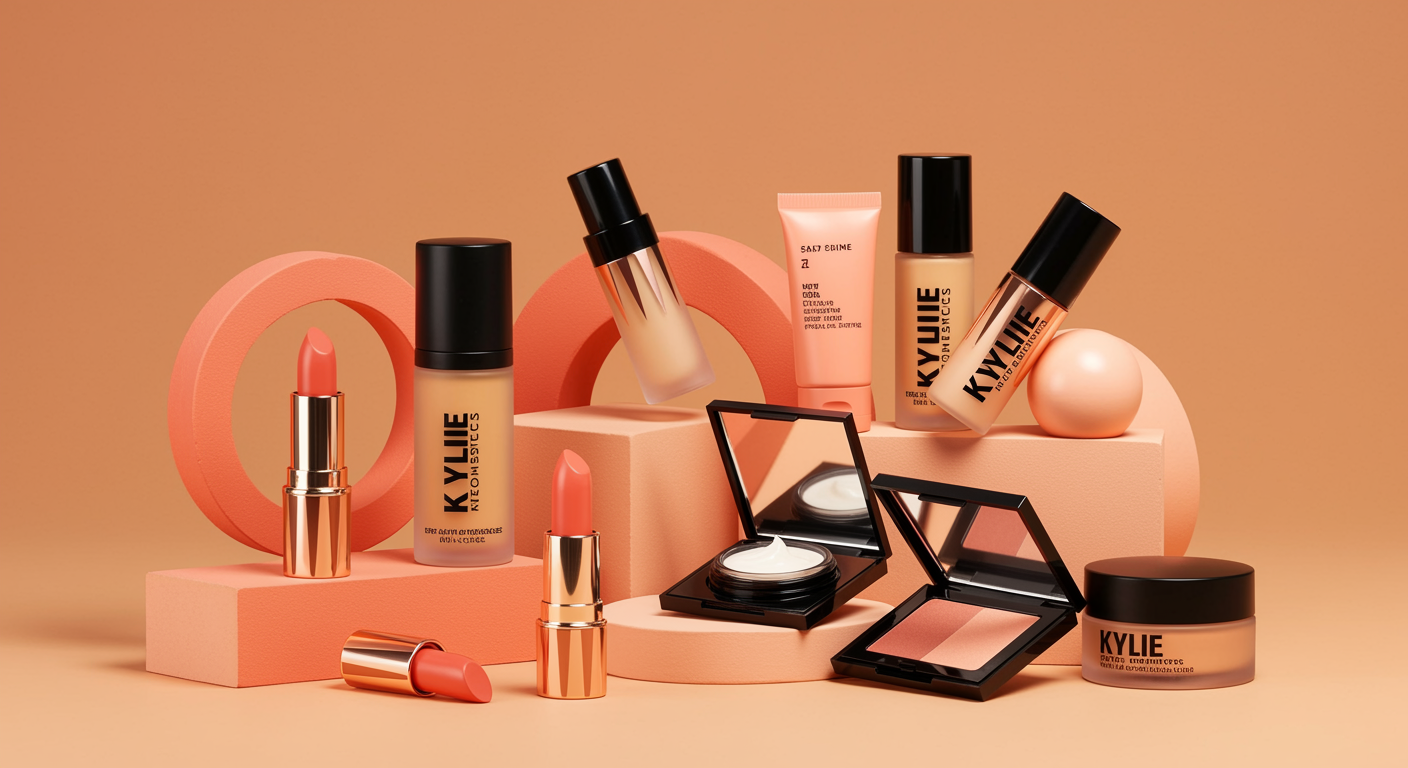 a visually striking arrangement of luxury makeup products with brand name Kylie Cosmetics displayed against a warm, monochromatic background in shades of peach, coral, and rose gold. The setup includes lipsticks, foundation or serum bottles, a compact blush, and cream containers — all housed in sleek black and metallic coral packaging.
The products are artfully placed among geometric blocks and curved shapes in matching tones, creating a modern, sculptural composition. Soft, diffused lighting enhances the smooth textures and rich colors, producing a polished, high-end aesthetic. The overall mood is elegant and contemporary, evoking themes of beauty, sophistication, and design harmony