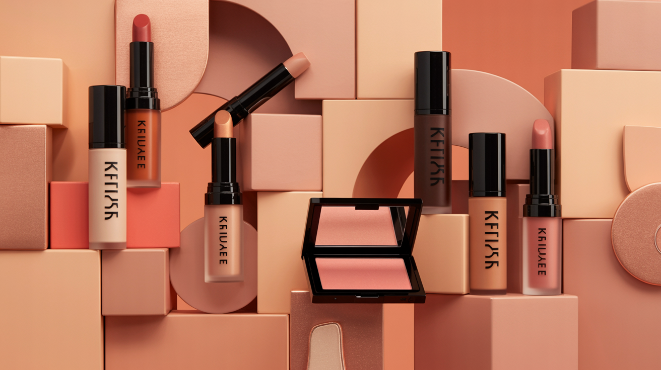 a visually striking arrangement of luxury makeup products with brand name Kylie Cosmetics displayed against a warm, monochromatic background in shades of peach, coral, and rose gold. The setup includes lipsticks, foundation or serum bottles, a compact blush, and cream containers — all housed in sleek black and metallic coral packaging.

The products are artfully placed among geometric blocks and curved shapes in matching tones, creating a modern, sculptural composition. Soft, diffused lighting enhances the smooth textures and rich colors, producing a polished, high-end aesthetic. The overall mood is elegant and contemporary, evoking themes of beauty, sophistication, and design harmony