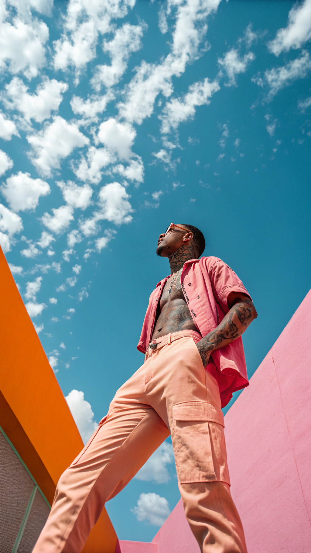 Dynamic low-angle fashion portrait of a confident young man standing outdoors under a bright blue sky with scattered clouds. He wears pastel peach cargo pants paired with an open short-sleeve shirt in shades of pink and orange, revealing his toned torso and tattoos. The upward perspective emphasizes power and presence, while the vibrant colors contrast dramatically with the sky, creating a bold, modern editorial look. Perfect for streetwear campaigns, youth fashion branding, and contemporary lifestyle imagery.