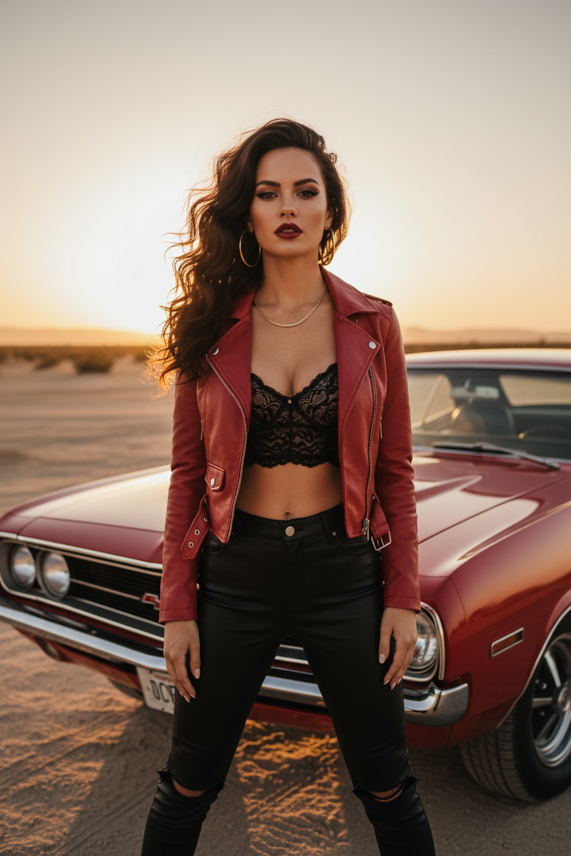 Ultra HD, hyper-realistic fashion portrait of a confident woman standing in front of a red muscle car at sunset in a desert landscape. She wears a cropped black lace bralette, a fitted red leather jacket, and ripped black leather pants, accessorized with hoop earrings and a delicate necklace. Her long dark hair flows freely in the warm breeze, styled with sultry waves. Her makeup is flawless with bold lips and smoky eyes, creating a seductive and alluring expression. The golden hour light enhances the glossy textures of her leather clothing, the shimmer of her skin, and the metallic sheen of the car, adding cinematic drama. Shot from a slightly low angle for power and presence, with vibrant colors, sharp details, and realistic shadows. The atmosphere conveys sensuality, confidence, and luxury — ideal for high-fashion editorials, lifestyle branding, and automotive-inspired campaigns