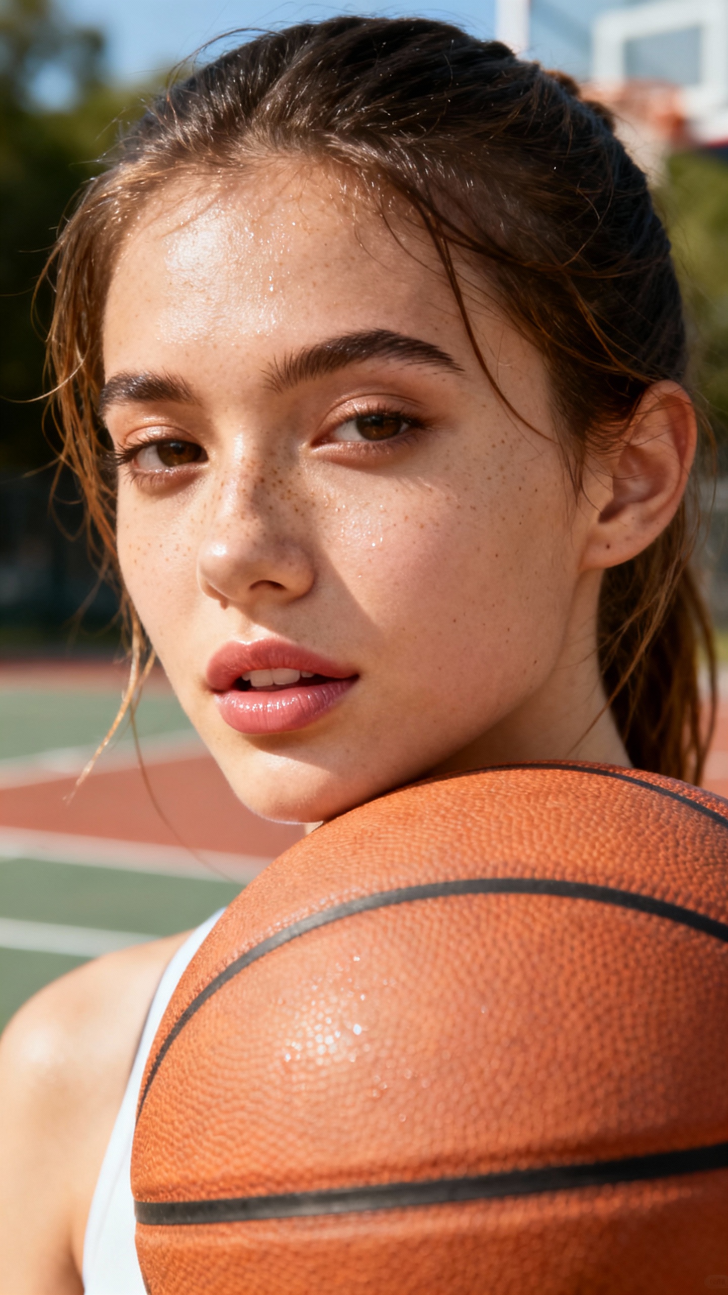 A close-up portrait of a young woman on an outdoor basketball court, bathed in warm natural sunlight. She has dewy, glowing skin with soft freckles, light makeup, and slightly parted lips. Her hair is tied back neatly, with a few loose strands framing her face. A basketball is positioned close to her cheek, dominating part of the foreground and adding texture contrast to her smooth skin. The lighting creates gentle shadows and highlights across her face, emphasizing her natural features and sporty confidence. Shot with a shallow depth of field and cinematic color grading for a modern, lifestyle aesthetic.