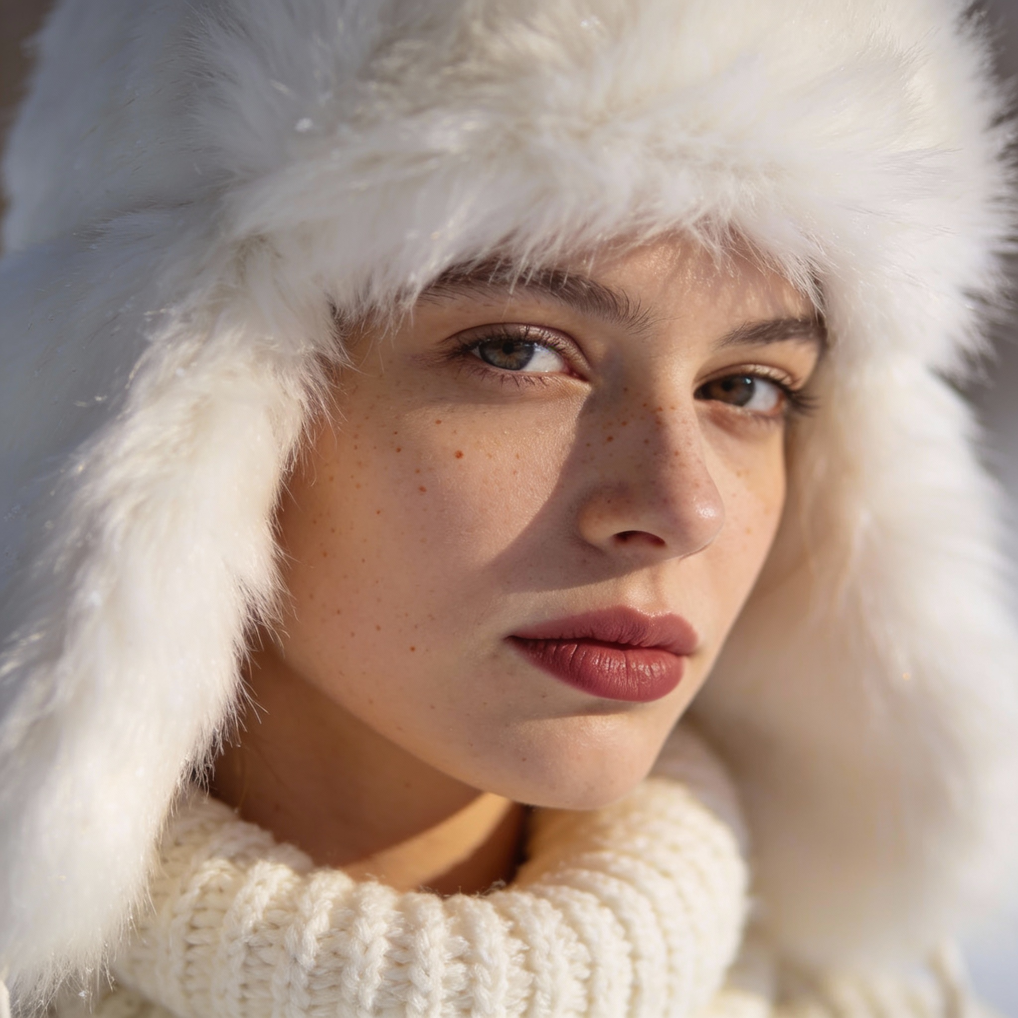 A soft, intimate close-up portrait of a young woman wearing a plush white faux-fur winter hood and a thick cream-colored knit sweater. Her face fills the frame, captured at a slight angle as she gazes gently toward the camera with calm, expressive eyes. Her skin appears natural and luminous, with minimal makeup, subtle freckles, and softly defined lips in a muted rose tone. The lighting is diffused and warm, creating smooth highlights and gentle shadows that enhance skin texture and facial contours. The background is neutral and softly blurred, keeping full focus on the subject. The overall mood is cozy, elegant, and serene, evoking winter warmth, comfort, and understated beauty—ideal for fashion, skincare, or seasonal lifestyle branding.