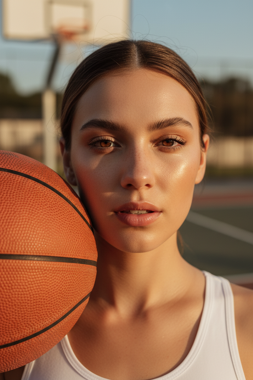 A close-up portrait of a young woman on an outdoor basketball court, bathed in warm natural sunlight. She has dewy, glowing skin with soft freckles, light makeup, and slightly parted lips. Her hair is tied back neatly, with a few loose strands framing her face. A basketball is positioned close to her cheek, dominating part of the foreground and adding texture contrast to her smooth skin. The lighting creates gentle shadows and highlights across her face, emphasizing her natural features and sporty confidence. Shot with a shallow depth of field and cinematic color grading for a modern, lifestyle aesthetic.