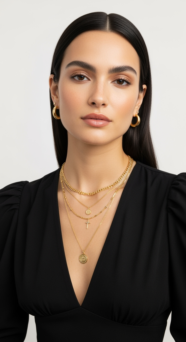 a woman posing against a plain light background, styled in an elegant and minimal fashion. She is wearing a black, deep V-neck top with slightly puffed shoulders, giving her outfit a sophisticated silhouette. Her dark, straight hair is parted in the middle and tucked neatly behind her ears, complementing her polished appearance.
The main focus is on her accessories with layered gold necklaces featuring small pendants and hoops earrings that match in tone. Her makeup is natural and refined, emphasising a smooth complexion, neutral lips, and well-groomed brows. The lighting is soft and even, highlighting her features with a gentle glow. The overall mood is poised, confident, and modern — fitting for a beauty, fashion, or jewellery editorial portrait.