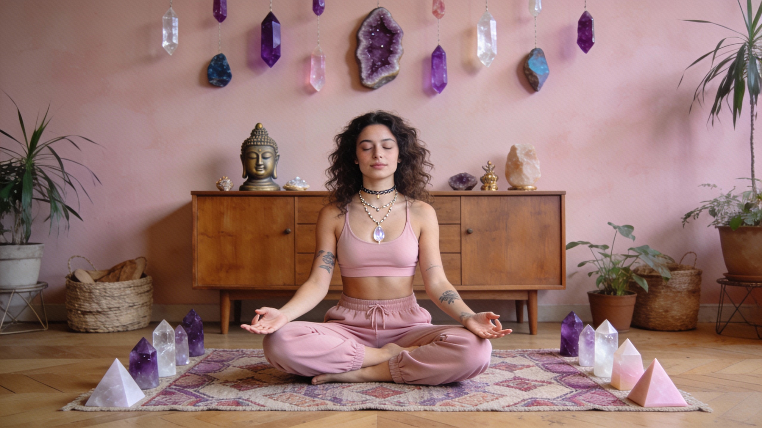 A serene lifestyle portrait of a woman seated cross-legged in a meditative lotus pose on a patterned woven rug inside a warm, thoughtfully decorated interior. She wears a soft pink sports bra and matching relaxed jogger pants, creating a harmonious monochrome look that reinforces calm and balance. Her posture is upright and grounded, shoulders relaxed, hands resting gently on her knees with palms open in a meditative mudra. Her eyes are closed, facial expression peaceful and centered, conveying mindfulness and inner stillness.
Her natural curly hair frames her face loosely, adding softness and authenticity. She wears layered necklaces, including delicate chains and crystal pendants, along with a subtle choker, enhancing the spiritual, bohemian aesthetic. Tattoos on her arms add individuality and modern character.
Surrounding her on the floor are carefully placed crystal formations—amethyst, quartz, and pastel-toned pyramids—arranged symmetrically to suggest energy balance and intentional ritual. Behind her, a wooden sideboard anchors the scene, topped with a small Buddha statue and decorative objects. The wall displays hanging crystal points and geodes in varying shapes and colors, reinforcing a holistic, wellness-focused environment. Potted plants and natural textures soften the space.
Lighting is natural and diffused, likely from a nearby window, producing gentle shadows and a warm, inviting atmosphere. The color palette blends blush pinks, warm wood tones, muted purples, and soft neutrals. Shot at eye level with a centered, symmetrical composition, shallow depth of field, high realism, lifestyle wellness photography, no text, no logos, no branding.