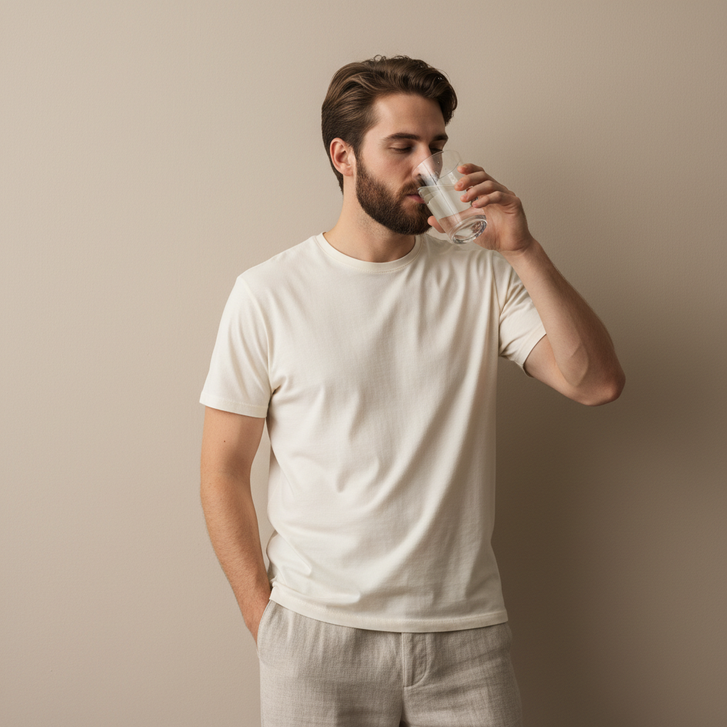a young man standing against a beige background, drinking from a clear glass of water. He is wearing a plain cream-colored t-shirt and light-colored pants. His left hand is in his pocket while his right hand holds the glass. The man has short, slightly wavy brown hair and a trimmed beard. The overall look is clean, minimalistic, and casual.