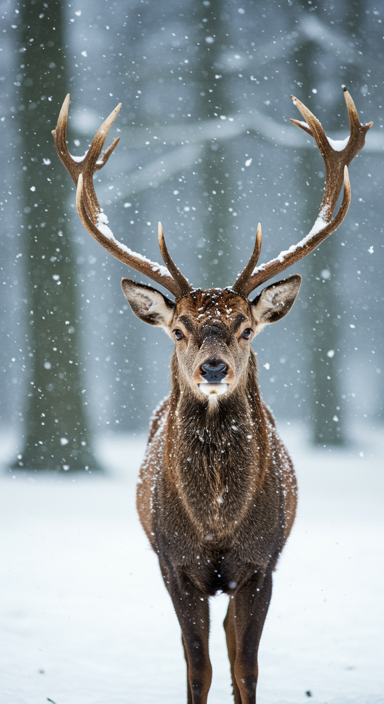 A close-up wildlife portrait of a majestic stag standing still in a snowy forest during active snowfall. The deer faces the camera directly, with large symmetrical antlers coated in fresh snow, creating a striking and powerful composition. Its fur is a rich warm brown, lightly dusted with snowflakes, contrasting against the soft white foreground and cool gray-blue background. The background features blurred winter trees with shallow depth of field, producing a dreamy, atmospheric bokeh effect. Lighting is soft and diffused, typical of overcast winter conditions, emphasizing fine details in the fur, antlers, and snow texture. The mood is calm, serene, and slightly dramatic, evoking wilderness, nature, and seasonal beauty. Shot at eye level with a centered composition, high realism, no text, ideal for commercial wildlife, winter, or holiday-themed stock imagery.