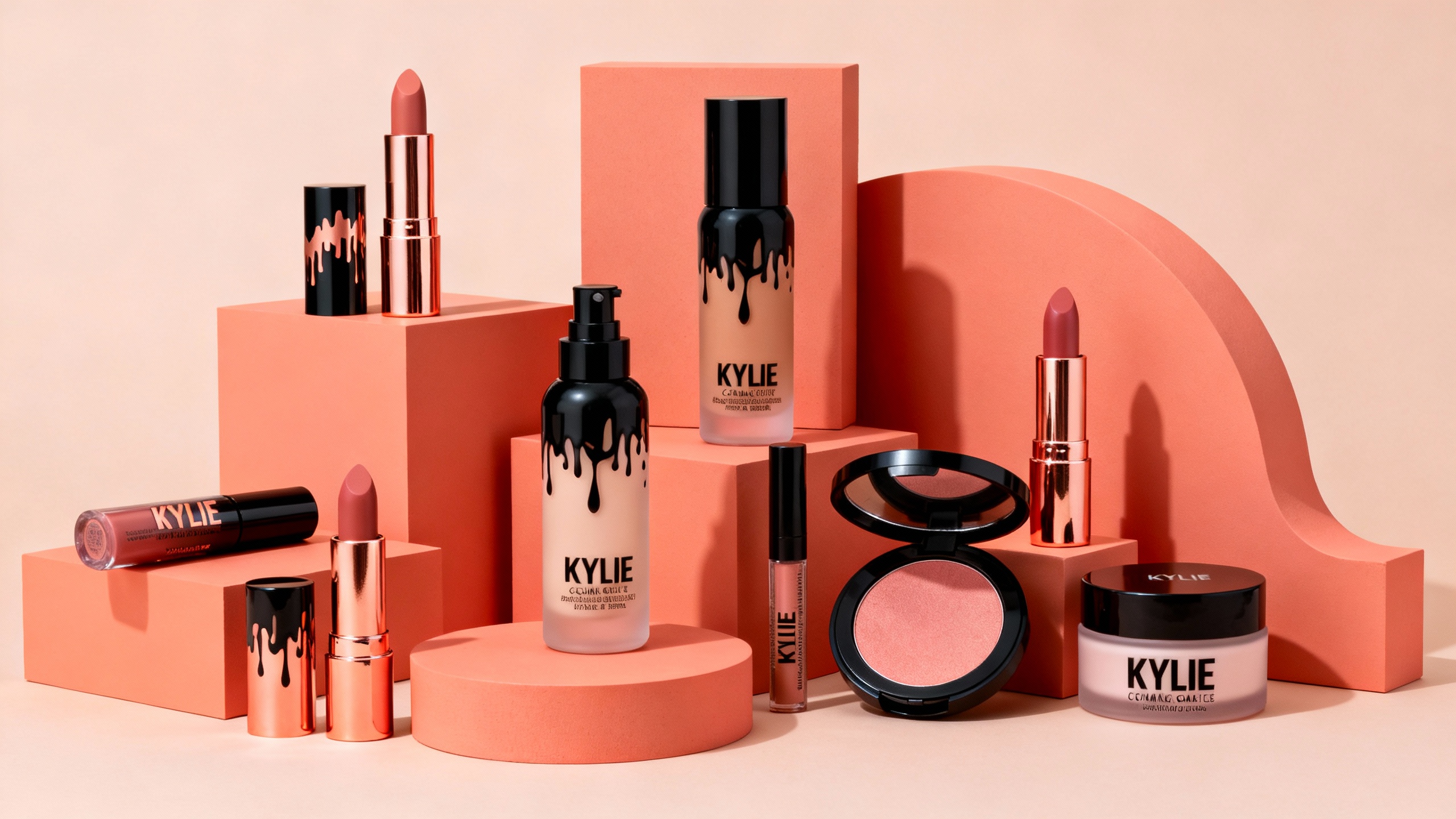 a visually striking arrangement of luxury makeup products with brand name Kylie Cosmetics displayed against a warm, monochromatic background in shades of peach, coral, and rose gold. The setup includes lipsticks, foundation or serum bottles, a compact blush, and cream containers — all housed in sleek black and metallic coral packaging.

The products are artfully placed among geometric blocks and curved shapes in matching tones, creating a modern, sculptural composition. Soft, diffused lighting enhances the smooth textures and rich colors, producing a polished, high-end aesthetic. The overall mood is elegant and contemporary, evoking themes of beauty, sophistication, and design harmony