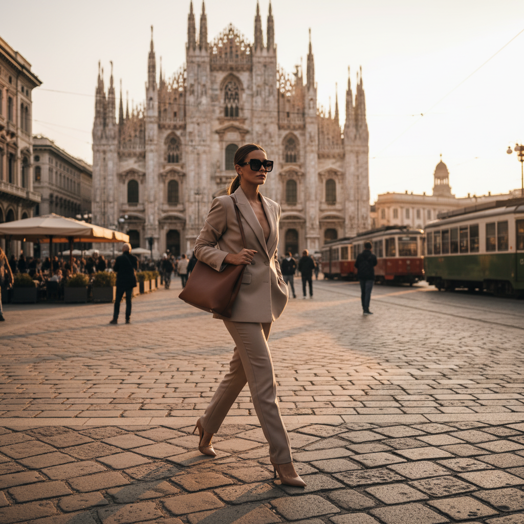 A confident businesswoman in a tailored beige pantsuit walking across a cobblestone street in Milan. She carries a leather tote bag and wears oversized sunglasses. The Duomo and bustling city life appear in the background. Golden-hour lighting adds warmth and sophistication, creating a polished corporate fashion vibe.