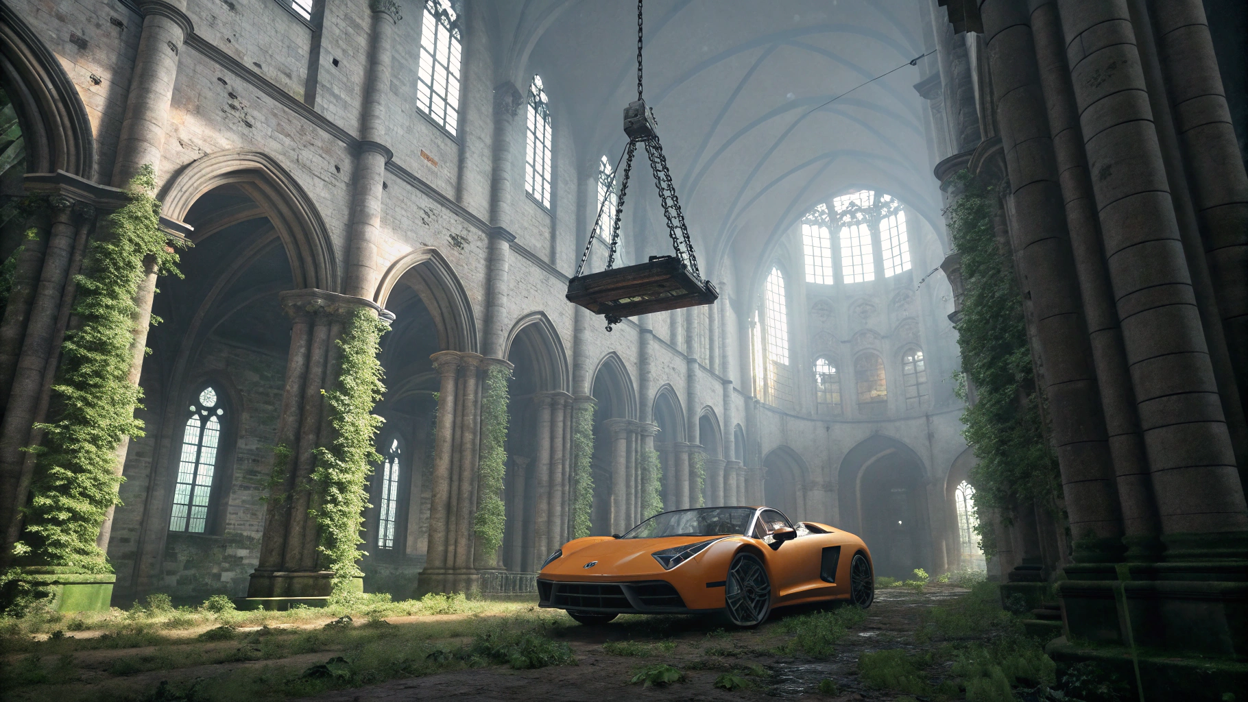 A surreal cinematic scene set inside a vast, abandoned gothic cathedral with towering stone arches, cracked walls, and tall stained-glass windows diffusing cold, misty daylight. Suspended in mid-air at the center of the nave is a bright orange sports car, lifted by heavy chains and a metal hoist frame attached to the vaulted ceiling. The car hangs perfectly horizontal, emphasizing tension and impossibility. Moss, vines, and creeping vegetation reclaim the ancient stone interior, while puddles on the cracked stone floor reflect the cathedral’s architecture and the floating vehicle above. The contrast between the modern, glossy supercar and the decaying medieval environment creates a striking visual juxtaposition. Lighting is soft but dramatic, with volumetric light rays cutting through dust and fog, evoking a mood of mystery, surrealism, and post-apocalyptic elegance. Highly detailed, cinematic realism with a dark, contemplative atmosphere.