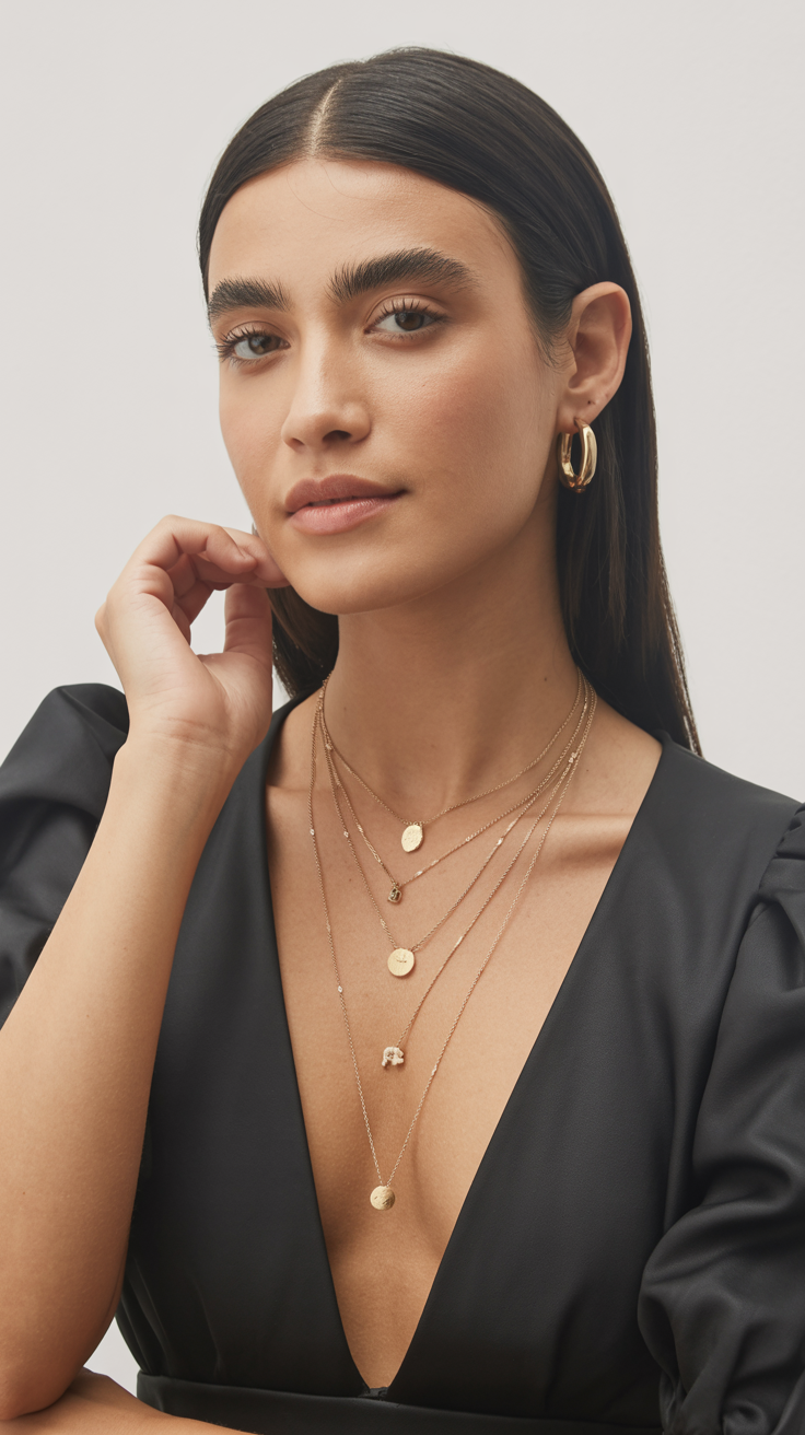 a woman posing against a plain light background, styled in an elegant and minimal fashion. She is wearing a black, deep V-neck top with slightly puffed shoulders, giving her outfit a sophisticated silhouette. Her dark, straight hair is parted in the middle and tucked neatly behind her ears, complementing her polished appearance.

The main focus is on her accessories with layered gold necklaces featuring small pendants and hoops earrings that match in tone. Her makeup is natural and refined, emphasising a smooth complexion, neutral lips, and well-groomed brows. The lighting is soft and even, highlighting her features with a gentle glow. The overall mood is poised, confident, and modern — fitting for a beauty, fashion, or jewellery editorial portrait.
