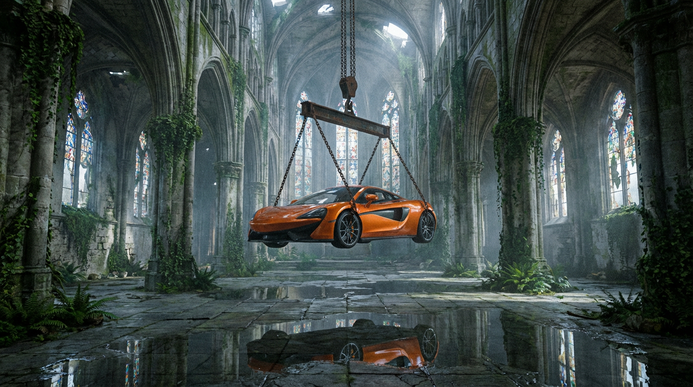 A surreal cinematic scene set inside a vast, abandoned gothic cathedral with towering stone arches, cracked walls, and tall stained-glass windows diffusing cold, misty daylight. Suspended in mid-air at the center of the nave is a bright orange sports car, lifted by heavy chains and a metal hoist frame attached to the vaulted ceiling. The car hangs perfectly horizontal, emphasizing tension and impossibility. Moss, vines, and creeping vegetation reclaim the ancient stone interior, while puddles on the cracked stone floor reflect the cathedral’s architecture and the floating vehicle above. The contrast between the modern, glossy supercar and the decaying medieval environment creates a striking visual juxtaposition. Lighting is soft but dramatic, with volumetric light rays cutting through dust and fog, evoking a mood of mystery, surrealism, and post-apocalyptic elegance. Highly detailed, cinematic realism with a dark, contemplative atmosphere.