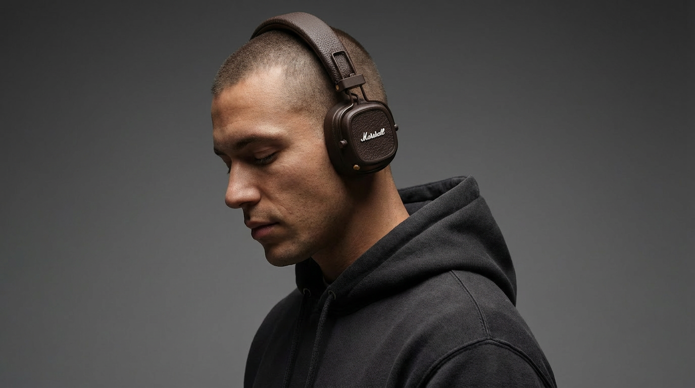An American guy with buzz cut and hoodie wearing this headphone is shown in a side-profile view (facing left), with his head tilted slightly downward and his eyes closed, giving a serene, contemplative, or introspective expression. It is professional photoshoot ad. Same lighting and backdrop . Generate 16:9 ratio.