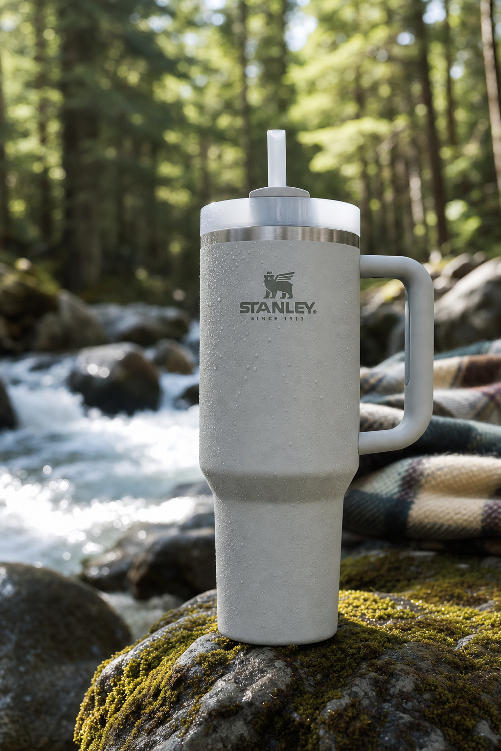 A tall 9:16 vertical format lifestyle product photograph of a Stanley Quencher H2.0 tumbler in Fog colorway, placed on a mossy stone surface beside a rushing mountain stream. Natural morning light filters through pine trees above, dappling soft green light across the matte surface of the cup. Condensation droplets cling to the outer wall, catching the light. The Stanley logo is clearly visible on the front face. A folded plaid wool blanket sits in the soft-focus background suggesting an outdoor adventure setting. Shot on a 50mm lens at f/2.0. Color grade: cool greens, natural daylight whites, earthy tones. Mood: outdoors, aspirational, clean lifestyle.