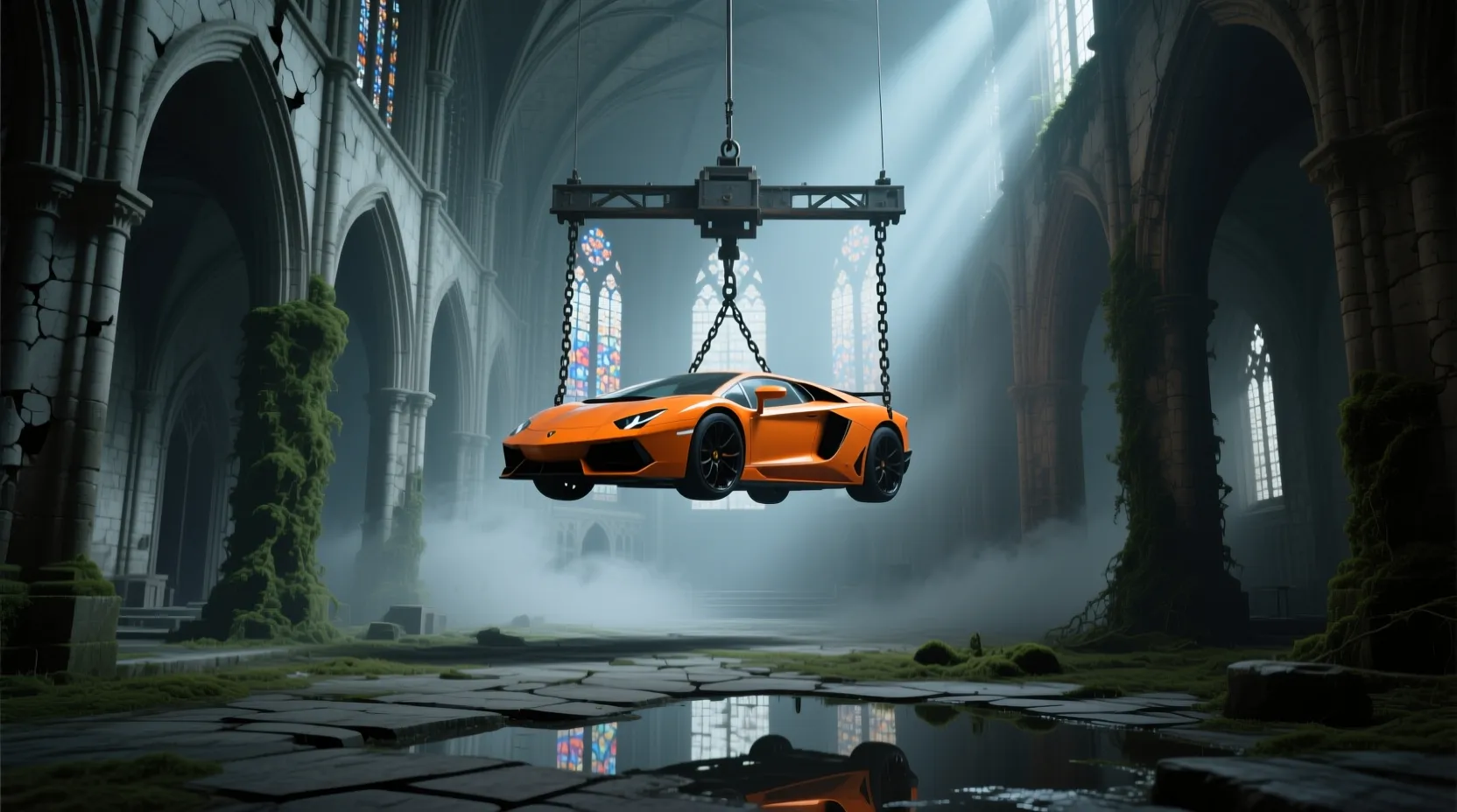 A surreal cinematic scene set inside a vast, abandoned gothic cathedral with towering stone arches, cracked walls, and tall stained-glass windows diffusing cold, misty daylight. Suspended in mid-air at the center of the nave is a bright orange sports car, lifted by heavy chains and a metal hoist frame attached to the vaulted ceiling. The car hangs perfectly horizontal, emphasizing tension and impossibility. Moss, vines, and creeping vegetation reclaim the ancient stone interior, while puddles on the cracked stone floor reflect the cathedral’s architecture and the floating vehicle above. The contrast between the modern, glossy supercar and the decaying medieval environment creates a striking visual juxtaposition. Lighting is soft but dramatic, with volumetric light rays cutting through dust and fog, evoking a mood of mystery, surrealism, and post-apocalyptic elegance. Highly detailed, cinematic realism with a dark, contemplative atmosphere.