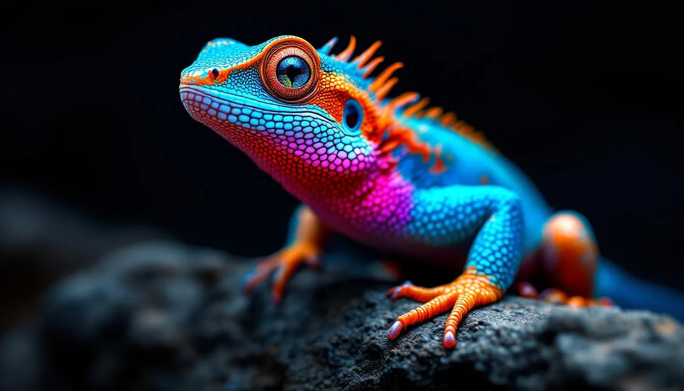 A striking close-up portrait of a vividly colored lizard perched on a textured rock, captured at eye level with shallow depth of field. The reptile features an extraordinary gradient of saturated hues—electric blue scales along the body, fiery orange and red tones on the head and limbs, and subtle purple transitions across the neck and torso. Fine scale textures are sharply detailed, with glossy highlights catching the light. One large, reflective eye is in crisp focus, conveying alertness and curiosity. The background fades into a dark, softly blurred gradient, isolating the subject and enhancing contrast. Lighting is dramatic yet controlled, emphasizing color vibrancy and surface detail. The overall mood is bold, exotic, and visually arresting, ideal for wildlife art, fantasy realism, or high-end digital illustration.