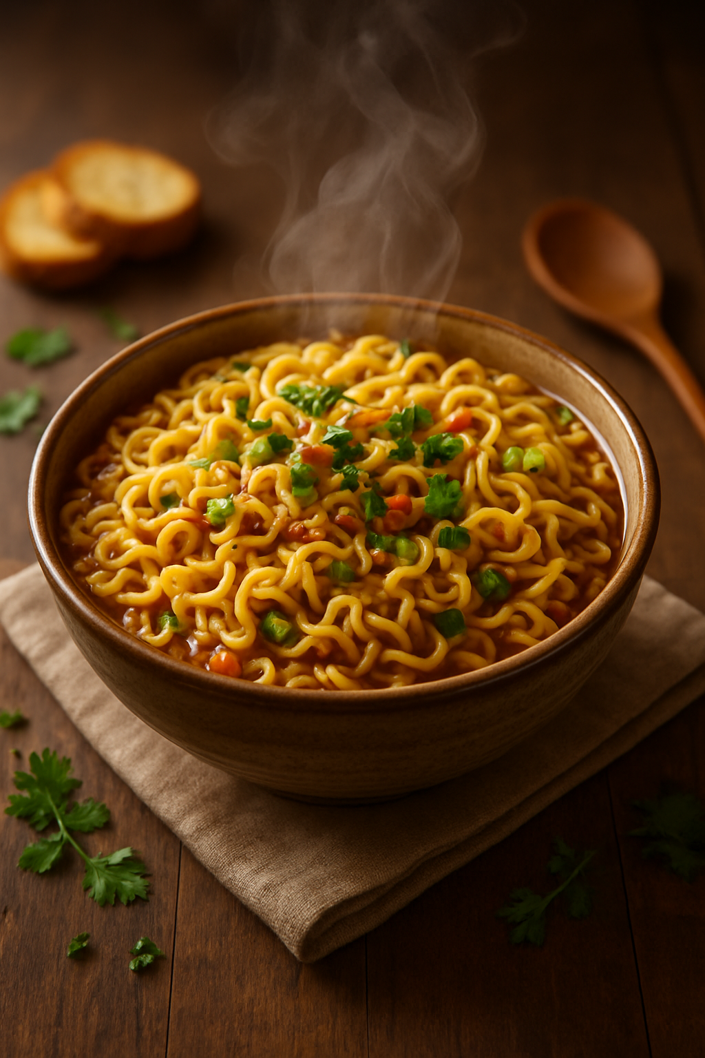 A steaming bowl of freshly prepared Maggi noodles with curly, golden-yellow strands glistening under warm ambient light. The noodles are lightly coated in a glossy, savory sauce with hints of spice, their texture appearing soft yet springy. Small bits of finely chopped vegetables — green chilies, onions, and tomatoes — add pops of color and freshness throughout. The dish is garnished with freshly chopped coriander leaves, a drizzle of soy sauce, and a few drops of chili oil for visual contrast.
The bowl, rustic and ceramic with earthy tones, rests on a neatly folded beige linen napkin placed over a weathered wooden table, enhancing the homely, organic atmosphere. Wisps of steam rise gracefully from the noodles, subtly twisting upward into the air, suggesting heat and freshness. Around the bowl, scattered sprigs of herbs, a few slices of crusty bread, and a wooden spoon add authenticity and warmth.
Soft, diffused lighting from the side casts gentle highlights on the noodles and delicate shadows on the table, evoking the golden glow of late afternoon. The overall mood is cozy, inviting, and nostalgic — a comforting homemade meal captured in perfect detail, ideal for illustrating home-cooked comfort food, Indian-style quick meals, or cozy kitchen moments.