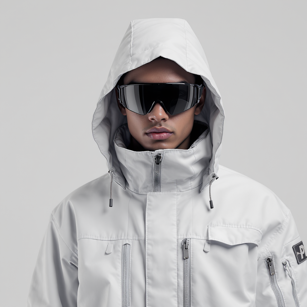a person wearing a futuristic, minimalist outfit. They are dressed in a light gray or off-white high-collared jacket made of smooth, water-resistant material, featuring multiple zippers, pockets, and technical detailing. The jacket’s hood is pulled up, covering much of the head and framing the face symmetrically.

The person is also wearing large, reflective black visor-style sunglasses, giving a high-tech, sci-fi, or avant-garde fashion aesthetic. The background is a clean, neutral gray-white, emphasizing the sleek design and monochrome palette of the outfit.

The overall look is modern, stylish, and futuristic, blending elements of performance wear, fashion editorial, and sci-fi costume design — a perfect visual for a high-end techwear or minimalist fashion campaign.