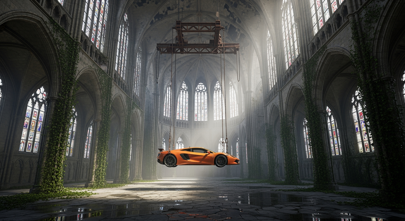 A surreal cinematic scene set inside a vast, abandoned gothic cathedral with towering stone arches, cracked walls, and tall stained-glass windows diffusing cold, misty daylight. Suspended in mid-air at the center of the nave is a bright orange sports car, lifted by heavy chains and a metal hoist frame attached to the vaulted ceiling. The car hangs perfectly horizontal, emphasizing tension and impossibility. Moss, vines, and creeping vegetation reclaim the ancient stone interior, while puddles on the cracked stone floor reflect the cathedral’s architecture and the floating vehicle above. The contrast between the modern, glossy supercar and the decaying medieval environment creates a striking visual juxtaposition. Lighting is soft but dramatic, with volumetric light rays cutting through dust and fog, evoking a mood of mystery, surrealism, and post-apocalyptic elegance. Highly detailed, cinematic realism with a dark, contemplative atmosphere.