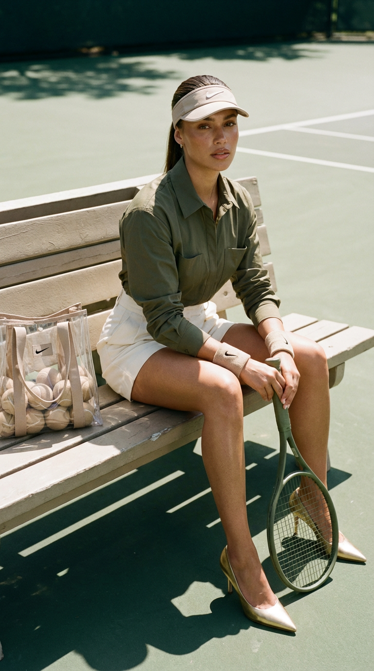 luxury fashion editorial of the woman sitting elegantly on a beige tennis bench, holding an olive green matt tennis racket, wearing a chic structured olive green shirt tucked into high-waisted ivory shorts, gold pointy heels, beige nike wristbands, and a beige nike visor, her skin shows natural texture and pores, subtle makeup with soft bronzed tones and a hint of gloss, no airbrushed perfection. sleek ponytail with a few loose strands catching the light, expression poised yet effortless. she is surrounded by a transparent bag filled with beige tennis balls with the nike logo, harsh midday lighting with defined shadows, muted green tennis court background, high-fashion composition, photographed on 120mm film, styled like a Vogue or Dior Sport editorial, minimalist luxury aesthetic, crisp and polished tone