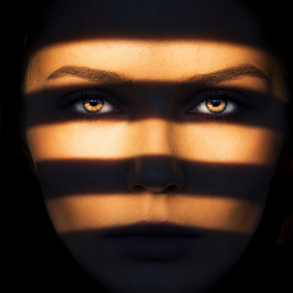 A square 1:1 dramatic close-up portrait of a face, cropped from chin to forehead, lit by a single venetian blind throwing a perfect ladder of light and shadow stripes across the entire face. The horizontal shadow bars divide the face into alternating bands of brilliant warm light and deep cool shadow, cutting across the nose, lips, cheekbones, and forehead with geometric precision. The eyes fall exactly in a light bar — both irises brilliantly illuminated, the pupil catchlights sharp. The lips fall in a shadow bar — completely dark. The entire portrait reads simultaneously as a human face and as a pure abstract graphic composition of alternating horizontal bands. The subject is completely still, expression neutral, letting the light do all the work. Shot on an 85mm lens at f/2.0. Color grade: warm afternoon sunlight bars, deep cool shadow bars, the contrast between them as sharp as a razor. Mood: noir, graphic, a portrait that is equally a piece of abstract art.