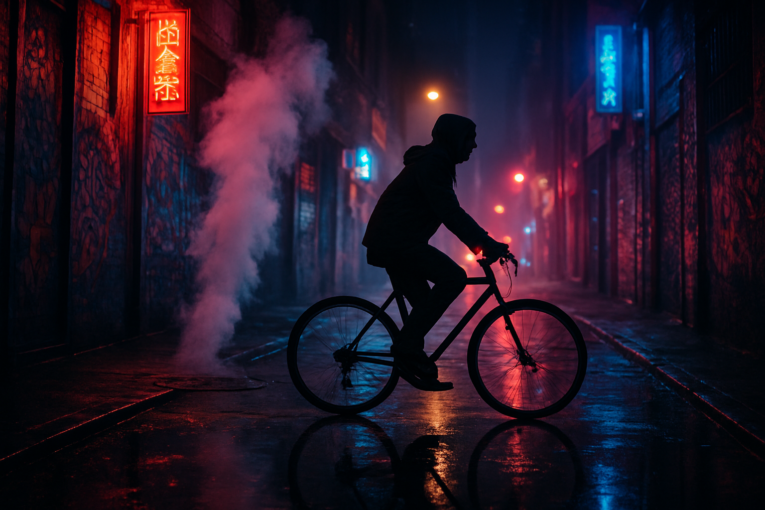 A man cycling through a neon-drenched alleyway, his reflection shimmering on slick pavement, the only sound the whir of his chain against the hum of the city. A plume of steam rises from a manhole cover, briefly obscuring the graffiti-scarred walls, as he pedals faster, pursued by the distant wail of sirens.