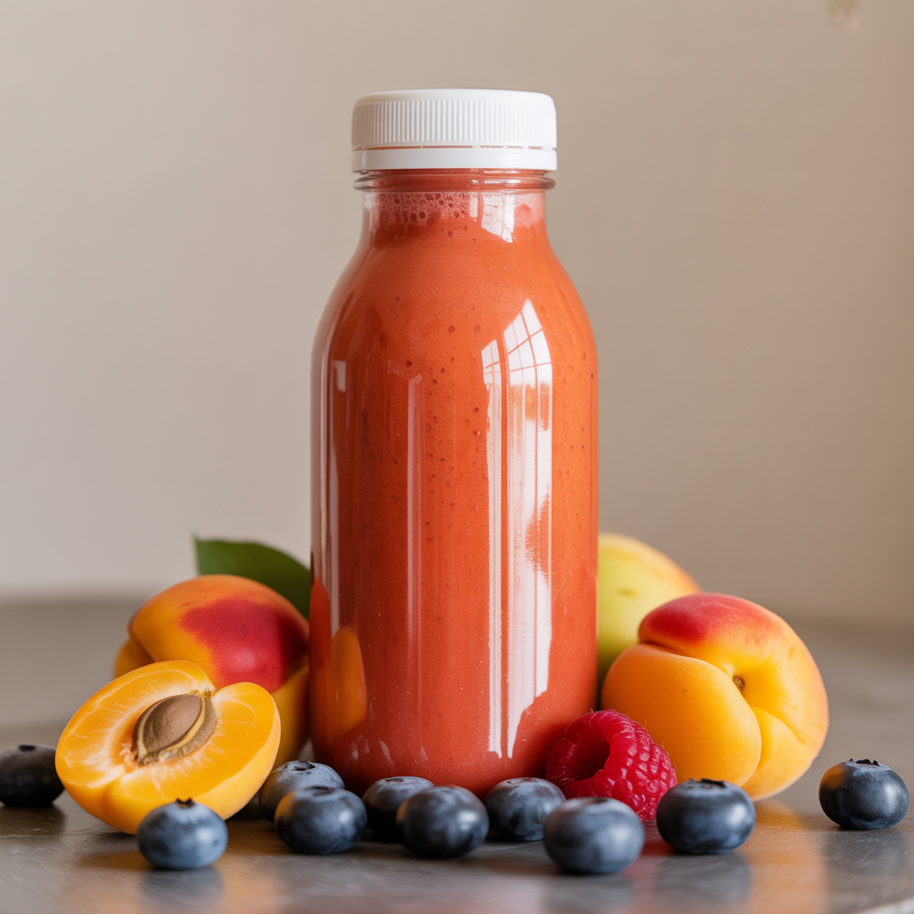 close-up product photo of a smoothie bottle placed upright on a neutral surface. The bottle is filled with a thick, vibrant orange-red smoothie, its glossy texture reflecting light to emphasize freshness.

Surrounding the bottle are an assortment of fresh fruits, including blueberries, a raspberry, and ripe apricots—one of them halved to reveal its seed. The scattered arrangement of the fruits adds a natural, inviting touch while suggesting the ingredients of the drink.

The background is a soft beige-gray tone, which contrasts with the vivid colors of the smoothie and fruits, keeping the focus on their freshness and vibrancy.

The overall aesthetic is clean, modern, and appetizing, evoking themes of health, wellness, fresh ingredients, and natural energy.