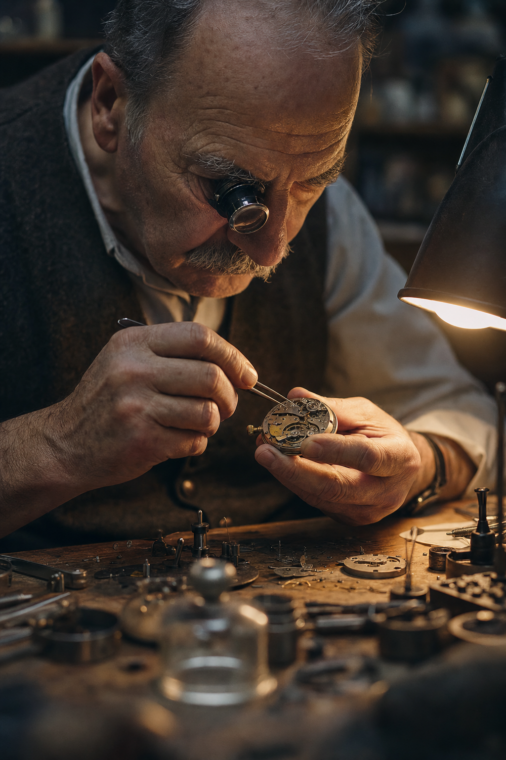A photorealistic tall 9:16 vertical portrait of an elderly male watchmaker in his late 60s, seated at his workbench in a small cluttered repair shop, shot from waist to just above the forehead. He holds a partially disassembled pocket watch movement in his left hand, a watchmaker's loupe screwed into his right eye, leaning forward in total concentration. His hands are the real subject — deeply lined, impossibly steady, holding the delicate movement with complete confidence built from decades of practice. The workbench surface around him is covered in tiny gears, springs, and tools arranged in a precise private order only he understands. A single warm desk lamp from the right illuminates his hands and the watch movement in a tight pool of amber light, leaving the edges of the frame in cool shadow. Shot on an 85mm lens at f/1.8, the watch movement and his eye razor sharp. Color grade: warm amber bench light, cool surrounding shadow, deep tool steel tones. Mood: craft, precision, a lifetime of accumulated skill visible in a single moment.