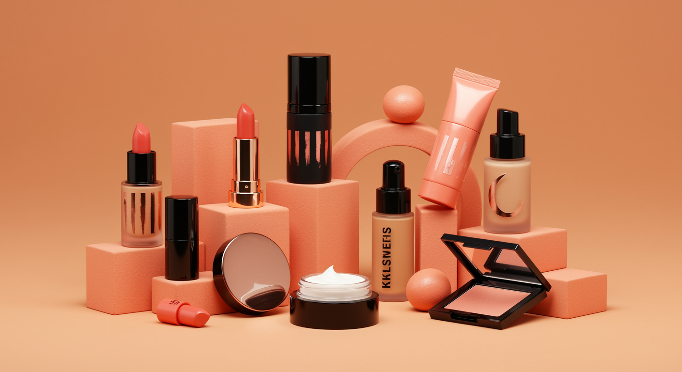 a visually striking arrangement of luxury makeup products with brand name Kylie Cosmetics displayed against a warm, monochromatic background in shades of peach, coral, and rose gold. The setup includes lipsticks, foundation or serum bottles, a compact blush, and cream containers — all housed in sleek black and metallic coral packaging.

The products are artfully placed among geometric blocks and curved shapes in matching tones, creating a modern, sculptural composition. Soft, diffused lighting enhances the smooth textures and rich colors, producing a polished, high-end aesthetic. The overall mood is elegant and contemporary, evoking themes of beauty, sophistication, and design harmony
