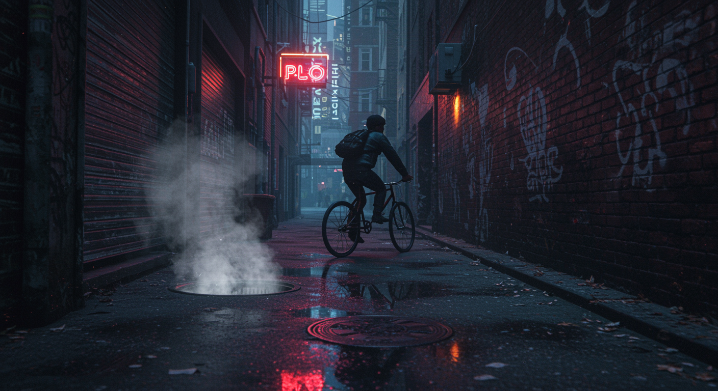 A man cycling through a neon-drenched alleyway, his reflection shimmering on slick pavement, the only sound the whir of his chain against the hum of the city. A plume of steam rises from a manhole cover, briefly obscuring the graffiti-scarred walls, as he pedals faster, pursued by the distant wail of sirens.