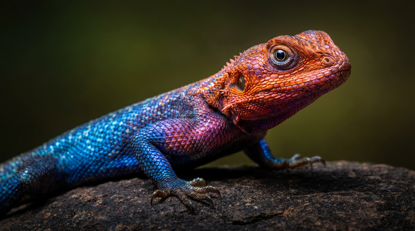 A striking close-up portrait of a vividly colored lizard perched on a textured rock, captured at eye level with shallow depth of field. The reptile features an extraordinary gradient of saturated hues—electric blue scales along the body, fiery orange and red tones on the head and limbs, and subtle purple transitions across the neck and torso. Fine scale textures are sharply detailed, with glossy highlights catching the light. One large, reflective eye is in crisp focus, conveying alertness and curiosity. The background fades into a dark, softly blurred gradient, isolating the subject and enhancing contrast. Lighting is dramatic yet controlled, emphasizing color vibrancy and surface detail. The overall mood is bold, exotic, and visually arresting, ideal for wildlife art, fantasy realism, or high-end digital illustration.
