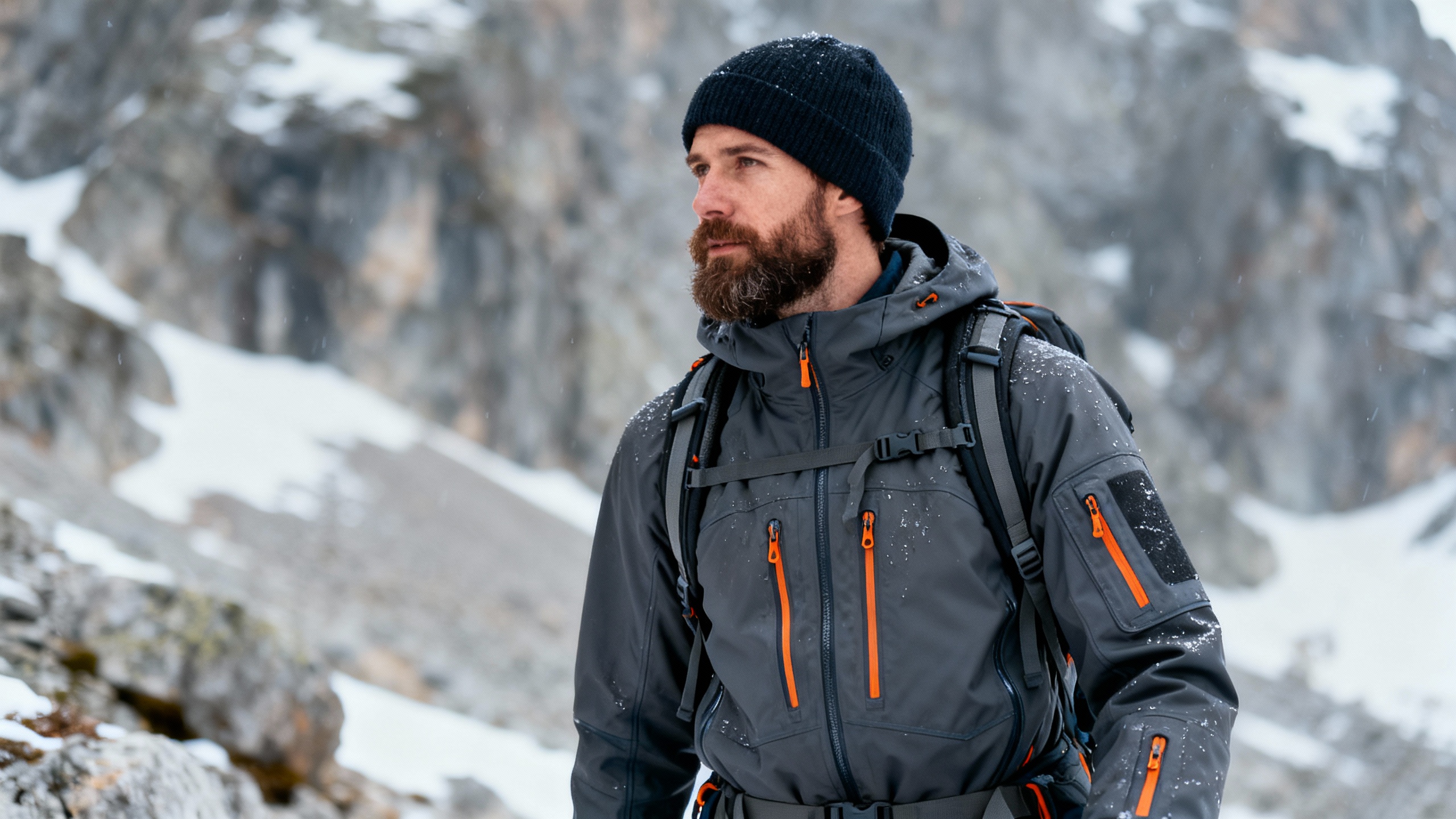 a man outdoors in a cold, mountainous environment, dressed in technical winter gear. He is wearing a dark gray waterproof jacket with taped seams, multiple zippers, and orange accent details, giving it a sleek, high-performance look. A dark knit beanie covers his head, and he has a neatly groomed beard. The jacket includes reinforced sleeves and pockets, and he is carrying a backpack with visible shoulder straps, suggesting he’s prepared for outdoor activity such as hiking or mountaineering.

The background features blurred rocky terrain with patches of snow, emphasizing the cold and rugged setting. The lighting is soft and natural, highlighting the texture of his clothing and the moisture on its surface. The overall atmosphere conveys resilience, focus, and adventure in a harsh winter landscape.