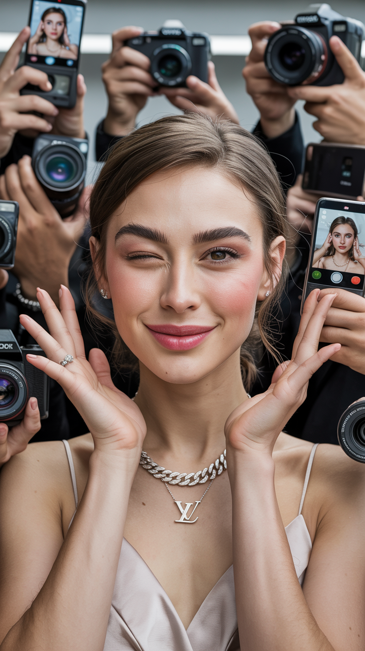 a realistic Vogue magazine cover–style fashion portrait using the uploaded face as the original face reference (100% face identity preservation).

A young elegant woman posing confidently, maintaining her original facial features and natural beauty. She is winking with her left eye and making a playful duck-face expression. Both hands are raised, forming a love/heart gesture near her face.

She is surrounded by multiple DSLR cameras and smartphones held around her, as if paparazzi and photographers are capturing her from all directions. Some phones show her live image on their screens.

Appearance & styling: flawless glowing skin, natural makeup with glossy pink lips, soft blush, subtle highlights. Light brown hair styled in a low, neat updo with a few loose strands.

Outfit & accessories: elegant minimalist beige-white strapless evening dress, Louis Vuitton necklace, diamond ring, luxury fashion jewelry.

Photography style: close-up to half-body fashion portrait, Vogue editorial aesthetic, cinematic professional studio lighting, soft HDR background, shallow depth of field, realistic skin texture, ultra-detailed, 8K quality.

Camera & lens look: professional DSLR look, 85mm lens feel, f/1.8 aperture, crisp focus with smooth background bokeh.

Composition: Vogue magazine layout with large bold logo at the top, editorial fashion cover framing, clean and elegant design.

Mood & vibe: playful yet luxurious, high-fashion beauty editorial, realistic, not AI-looking, photographed by a professional fashion photographer.