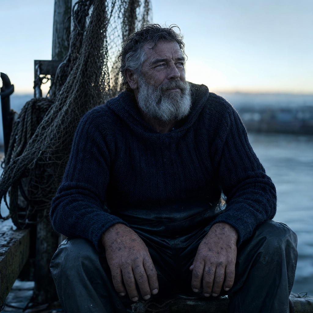 A photorealistic 1:1 square portrait of a weathered deep-sea fisherman in his late 50s, sitting on the edge of a worn wooden dock at dawn. Thick calloused hands rest on his knees, rope burns and sun damage visible across every knuckle. He wears a faded navy fisherman knit sweater and worn rubber waders. Soft pale blue pre-dawn light comes entirely from the horizon behind him, silhouetting his broad shoulders and illuminating the edges of his beard in cold silver light. Fishing nets hang loosely behind him. Expression: distant, tired, deeply content. Shot on a 85mm f/1.4 lens, razor-thin depth of field, face sharp against blurred dock and sea behind. Color grade: cold blue dawn light, desaturated, high detail in the skin and knit texture. Mood: raw, timeless, deeply human.