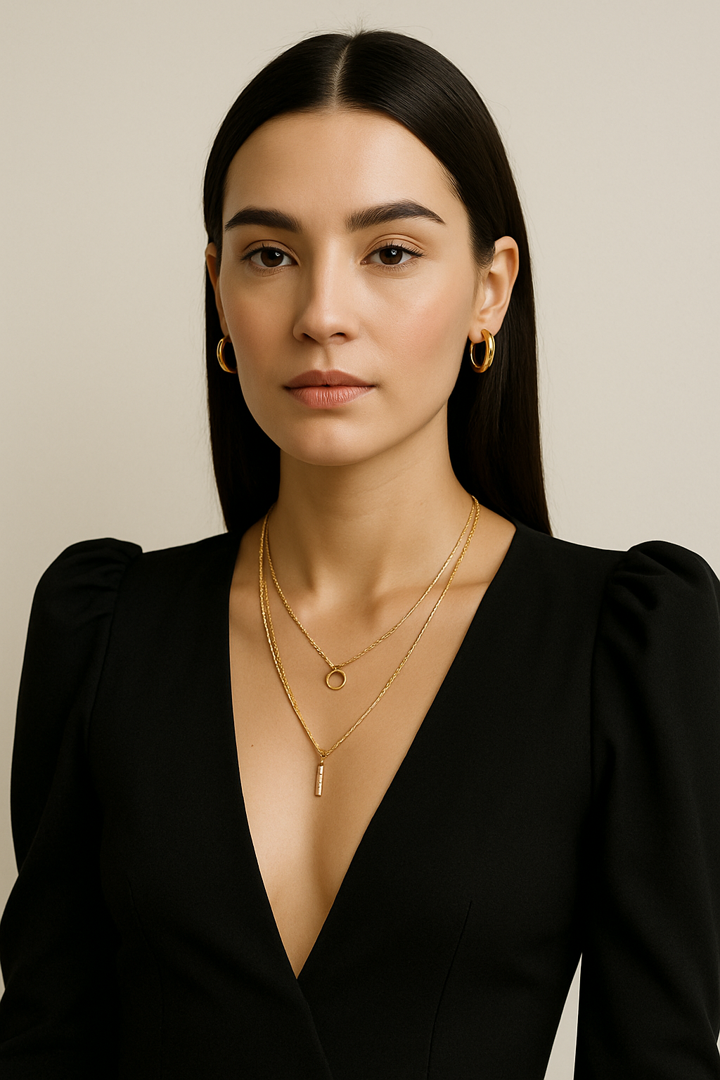 a woman posing against a plain light background, styled in an elegant and minimal fashion. She is wearing a black, deep V-neck top with slightly puffed shoulders, giving her outfit a sophisticated silhouette. Her dark, straight hair is parted in the middle and tucked neatly behind her ears, complementing her polished appearance.

The main focus is on her accessories with layered gold necklaces featuring small pendants and hoops earrings that match in tone. Her makeup is natural and refined, emphasising a smooth complexion, neutral lips, and well-groomed brows. The lighting is soft and even, highlighting her features with a gentle glow. The overall mood is poised, confident, and modern — fitting for a beauty, fashion, or jewellery editorial portrait.