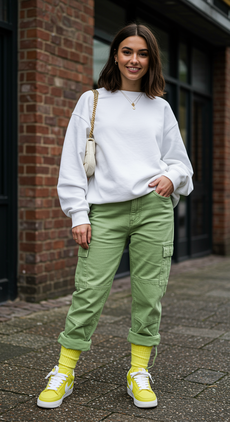 A young woman with a gentle smile (use the uploaded photo as reference for her exact face and features), wearing an oversized white sweatshirt paired with lemon-green oversized combat jeans, styled with lemon-green Nike sneakers and white ribbed socks.