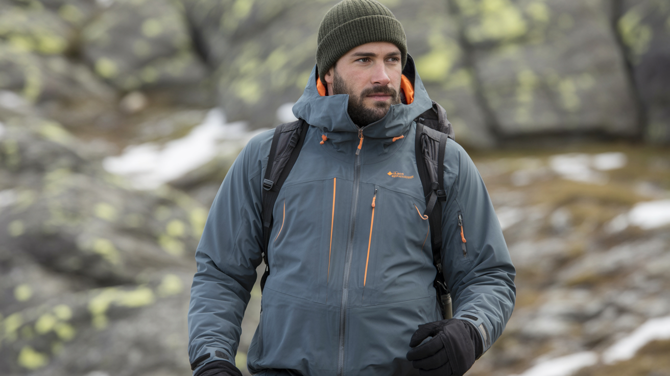 a man outdoors in a cold, mountainous environment, dressed in technical winter gear. He is wearing a dark gray waterproof jacket with taped seams, multiple zippers, and orange accent details, giving it a sleek, high-performance look. A dark knit beanie covers his head, and he has a neatly groomed beard. The jacket includes reinforced sleeves and pockets, and he is carrying a backpack with visible shoulder straps, suggesting he’s prepared for outdoor activity such as hiking or mountaineering.

The background features blurred rocky terrain with patches of snow, emphasizing the cold and rugged setting. The lighting is soft and natural, highlighting the texture of his clothing and the moisture on its surface. The overall atmosphere conveys resilience, focus, and adventure in a harsh winter landscape.