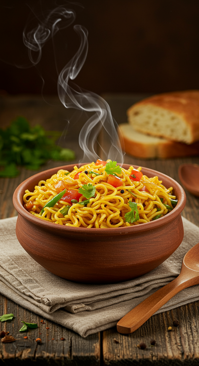 A steaming bowl of freshly prepared Maggi noodles with curly, golden-yellow strands glistening under warm ambient light. The noodles are lightly coated in a glossy, savory sauce with hints of spice, their texture appearing soft yet springy. Small bits of finely chopped vegetables — green chilies, onions, and tomatoes — add pops of color and freshness throughout. The dish is garnished with freshly chopped coriander leaves, a drizzle of soy sauce, and a few drops of chili oil for visual contrast.
The bowl, rustic and ceramic with earthy tones, rests on a neatly folded beige linen napkin placed over a weathered wooden table, enhancing the homely, organic atmosphere. Wisps of steam rise gracefully from the noodles, subtly twisting upward into the air, suggesting heat and freshness. Around the bowl, scattered sprigs of herbs, a few slices of crusty bread, and a wooden spoon add authenticity and warmth.
Soft, diffused lighting from the side casts gentle highlights on the noodles and delicate shadows on the table, evoking the golden glow of late afternoon. The overall mood is cozy, inviting, and nostalgic — a comforting homemade meal captured in perfect detail, ideal for illustrating home-cooked comfort food, Indian-style quick meals, or cozy kitchen moments.