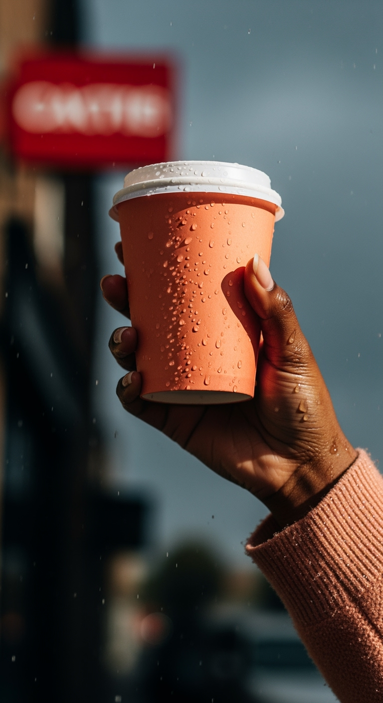 A cinematic close-up of a hand holding a takeaway coffee cup in the rain. The coffee cup and hand are covered with tiny water droplets, with the sleeve of a peach-colored sweater also glistening with moisture. The hand is dark-skinned with natural nails. The background is softly blurred, showing a red building sign against a moody, stormy sky. The sunlight highlights the hand and cup, creating dramatic contrast with the dark background. The style is cinematic, realistic, and textured.