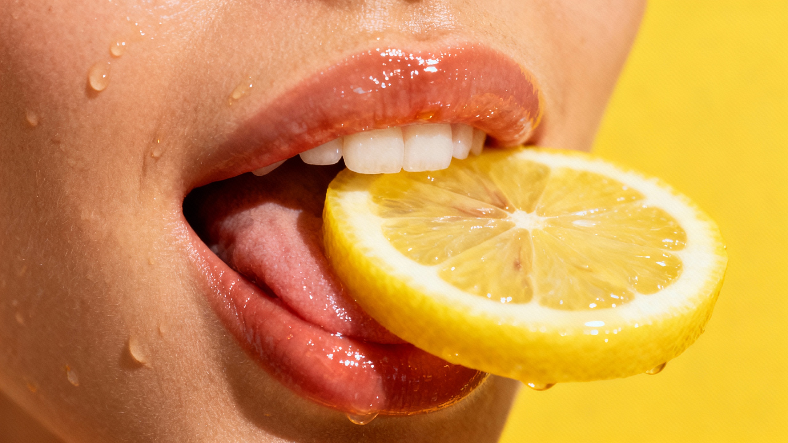 a vibrant, close-up macro photograph capturing a person’s glossy lips, teeth, and tongue as they touch a fresh slice of lemon. The focus is sharp, highlighting the texture of the moist lips and the juicy surface of the lemon. The lemon slice is bright yellow with a slightly translucent quality, revealing its pulp and fresh sheen under direct light.

The overall lighting is warm and natural, enhancing the golden tones of the scene and the dewy texture of the skin. The background is a solid yellow, complementing the citrus theme and creating a bold, energetic composition. The image conveys freshness, tanginess, and a sense of summer vitality with a strong sensory appeal.