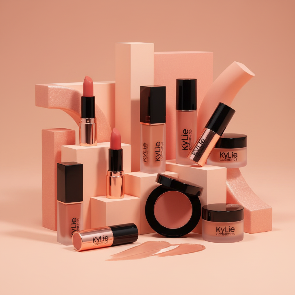 a visually striking arrangement of luxury makeup products with brand name Kylie Cosmetics displayed against a warm, monochromatic background in shades of peach, coral, and rose gold. The setup includes lipsticks, foundation or serum bottles, a compact blush, and cream containers — all housed in sleek black and metallic coral packaging.
The products are artfully placed among geometric blocks and curved shapes in matching tones, creating a modern, sculptural composition. Soft, diffused lighting enhances the smooth textures and rich colors, producing a polished, high-end aesthetic. The overall mood is elegant and contemporary, evoking themes of beauty, sophistication, and design harmony