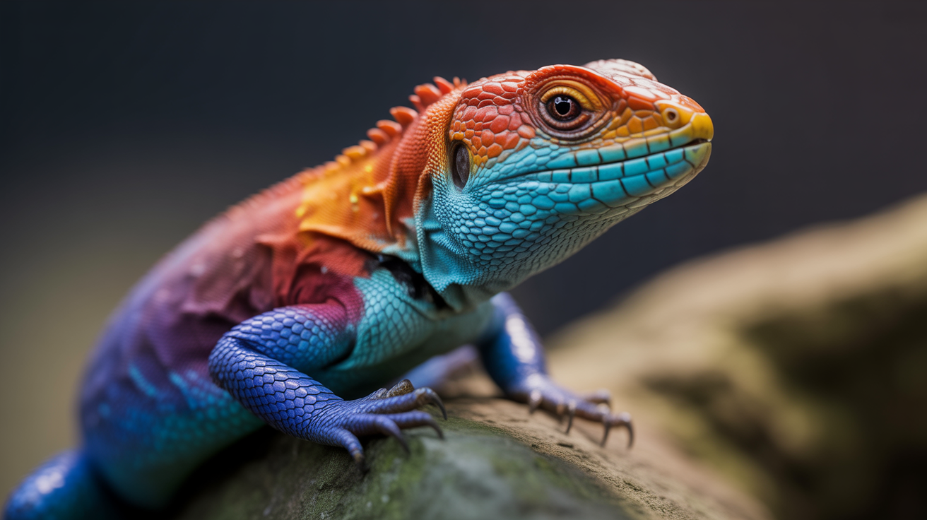 A striking close-up portrait of a vividly colored lizard perched on a textured rock, captured at eye level with shallow depth of field. The reptile features an extraordinary gradient of saturated hues—electric blue scales along the body, fiery orange and red tones on the head and limbs, and subtle purple transitions across the neck and torso. Fine scale textures are sharply detailed, with glossy highlights catching the light. One large, reflective eye is in crisp focus, conveying alertness and curiosity. The background fades into a dark, softly blurred gradient, isolating the subject and enhancing contrast. Lighting is dramatic yet controlled, emphasizing color vibrancy and surface detail. The overall mood is bold, exotic, and visually arresting, ideal for wildlife art, fantasy realism, or high-end digital illustration.
